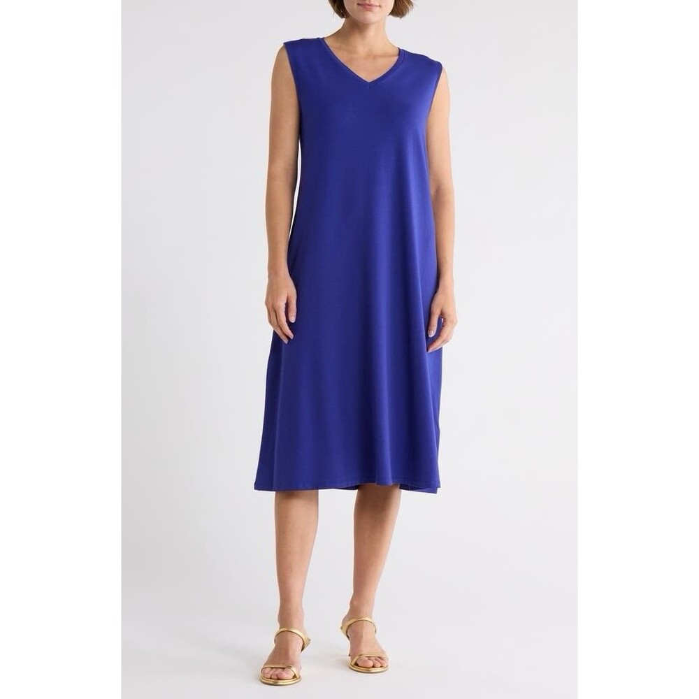 Eileen Fisher Jersey Tank Dress Womens M Royal Blue V Neck Casual